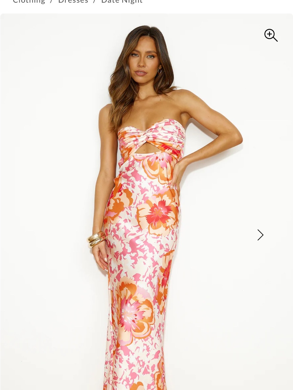 Hello Molly Strapless Twist Maxi Dress in Pink & Orange Floral